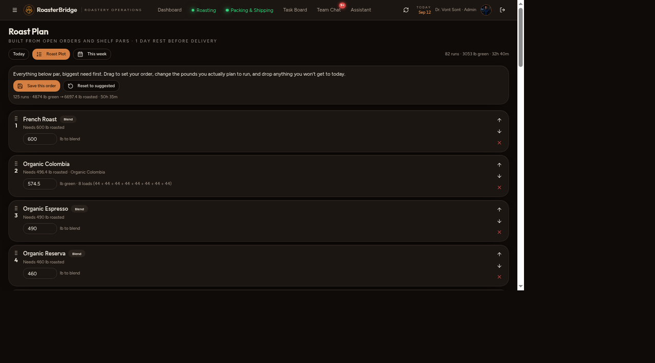 RoasterBridge Roast Plan screen